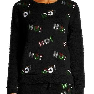 Chance of Fate Faux Shearling & Sequined Ho Ho Ho Christmas Sherpa Top sz S